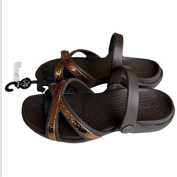 CROCS Shoes - New crocs meleen metal sandal brown slides slip on straps Women’s 5 Youth 3